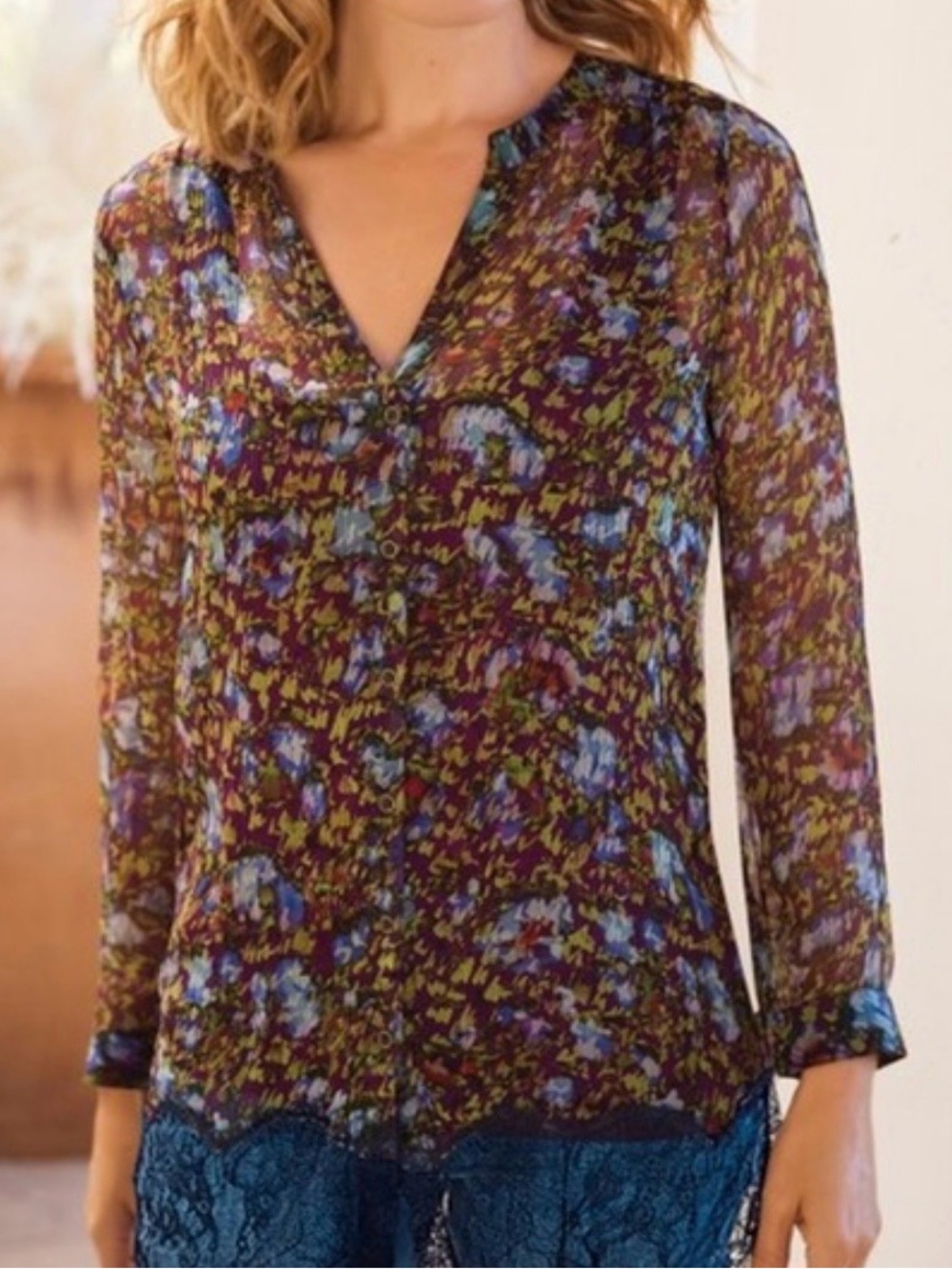 Soft Surroundings Sheer Floral Tunic in Olive, Navy & Purple
